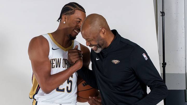 Sep 28, 2026; New Orleans Pelicans head coach Jamahl Mosley and forward Trey Murphy III (25) take part in media day in the Smoothie King Center in New Orleans, LA, USA;  Mandatory Credit: Matthew Hinton-Imagn Images