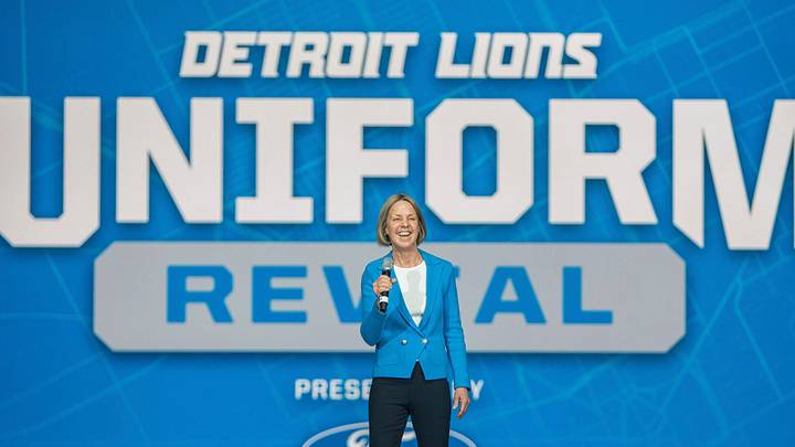 Sheila Ford Hamp, owner of the Detroit Lions, stands on stage during a new uniform reveal event back in 2024 Sheila Ford Hamp, owner of the Detroit Lions, stands on stage during a new uniform reveal event back in 2024
