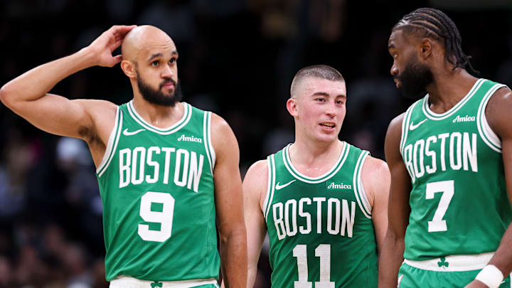 Boston Celtics Derrick White, Payton Pritchard, Jaylen Brown