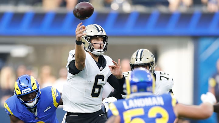 New Orleans Saints QB Tyler Shough (6) throws a pass during a game against the Los Angeles Rams on Nov. 2, 2025.