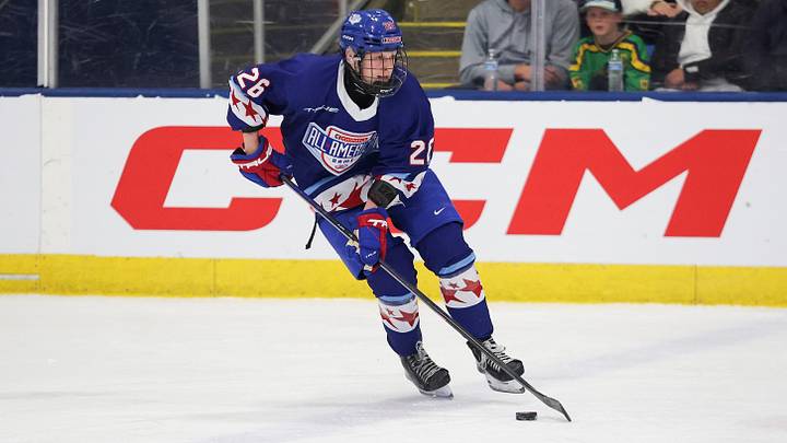 PLYMOUTH, MI - JANUARY 15: Victor Plante #26 of Team Blue skates with the puck during the Chipotle All American Game between Team White and Team Blue at USA Hockey Arena on January 15, 2026 in Plymouth, Michigan. (Photo by Michael Miller/ISI Photos/ISI Photos via Getty Images)