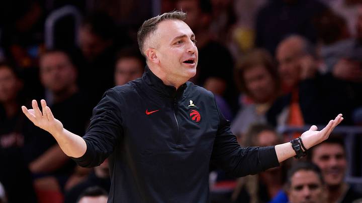 Dec 12, 2024; Miami, Florida, USA;  Toronto Raptors head coach Darko Rajakovic reacts against the Miami Heat during the first half at Kaseya Center. Mandatory Credit: Rhona Wise-Imagn Images