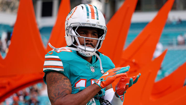 Dec 21, 2025; Miami Gardens, Florida, USA; Miami Dolphins wide receiver Jaylen Waddle (17) reacts during the second quarter against the Cincinnati Bengals at Hard Rock Stadium. Mandatory Credit: Nathan Ray Seebeck-Imagn Images