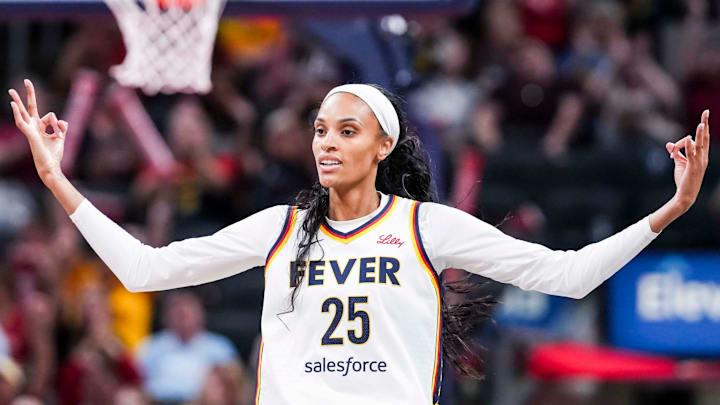 Indiana Fever forward DeWanna Bonner (25) celebrates a 3-pointer Tuesday, June 3, 2025, during a game between the Indiana Fever and the Washington Mystics at Gainbridge Fieldhouse in Indianapolis. Indiana Fever forward DeWanna Bonner (25) celebrates a 3-pointer Tuesday, June 3, 2025, during a game between the Indiana Fever and the Washington Mystics at Gainbridge Fieldhouse in Indianapolis.