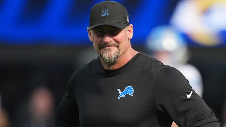 Dec 14, 2025; Inglewood, California, USA; Detroit Lions head coach Dan Campbell is seen during warmups prior to the game against the Los Angeles Rams at SoFi Stadium. Dec 14, 2025; Inglewood, California, USA; Detroit Lions head coach Dan Campbell is seen during warmups prior to the game against the Los Angeles Rams at SoFi Stadium.