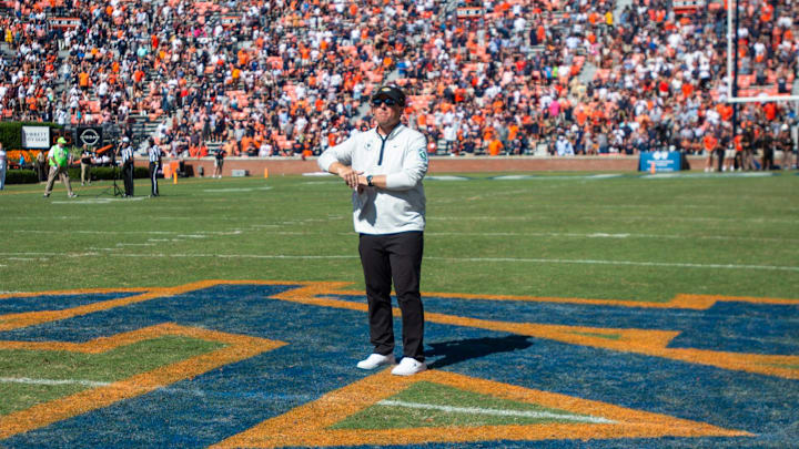 Missouri Tigers head coach Eli Drinkwitz reacts to the replay of the final play of the game as Auburn Tigers take on Missouri Tigers at Jordan-Hare Stadium in Auburn, Ala., on Saturday, Sept. 24, 2022. Auburn Tigers defeated Missouri Tigers 17-14.