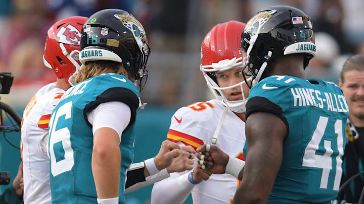 Kansas City Chiefs kicker Harrison Butker (7), Jacksonville Jaguars quarterback Trevor Lawrence (16), quarterback Patrick Mahomes (15) and defensive end Josh Hines-Allen (41) greet each other at center field for the coin toss before the start of Saturday's game. The Jaguars led 20 to 10 at the end of the first half. The Jacksonville Jaguars hosted the Kansas City Chiefs in the Jaguars first preseason game of the season Saturday, August10, 2024 at EverBank Stadium in Jacksonville, Fla. [Bob Kansas City Chiefs kicker Harrison Butker (7), Jacksonville Jaguars quarterback Trevor Lawrence (16), quarterback Patrick Mahomes (15) and defensive end Josh Hines-Allen (41) greet each other at center field for the coin toss before the start of Saturday's game. The Jaguars led 20 to 10 at the end of the first half. The Jacksonville Jaguars hosted the Kansas City Chiefs in the Jaguars first preseason game of the season Saturday, August10, 2024 at EverBank Stadium in Jacksonville, Fla. [Bob