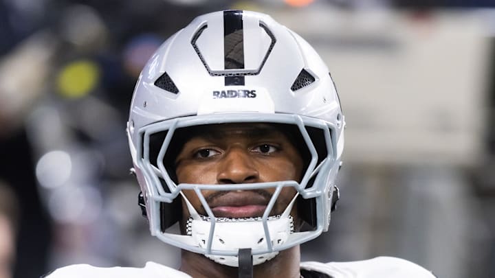 Aug 23, 2025; Glendale, Arizona, USA; Las Vegas Raiders defensive end Jahfari Harvey (91) against the Arizona Cardinals during a preseason NFL game at State Farm Stadium. Mandatory Credit: Mark J. Rebilas-Imagn Images