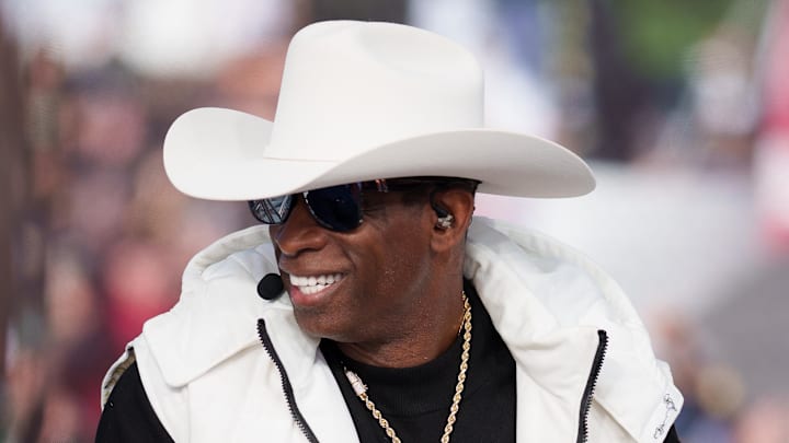 Sep 16, 2023; Boulder, Colorado, USA; Colorado Buffaloes head coach Deion Sanders on the set of ESPN College GameDay prior to the game between the Colorado Buffaloes and the Colorado State Rams at Folsom Field. Mandatory Credit: Andrew Wevers-Imagn Images