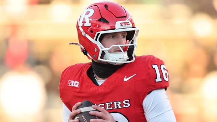 Rutgers Scarlet Knights quarterback Athan Kaliakmanis (16) Mandatory Credit: Vincent Carchietta-Imagn Images