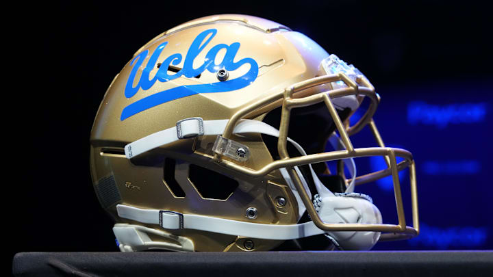 Jul 29, 2022; Los Angeles, CA, USA; A detailed view of UCLA Bruins helmet during Pac-12 Media Day at Novo Theater. Mandatory Credit: Kirby Lee-Imagn Images