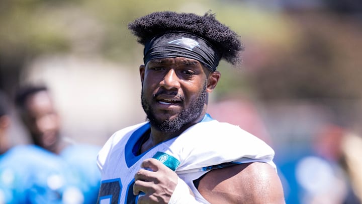 Jul 26, 2025; Charlotte, NC, USA; Carolina Panthers linebacker D.J. Wonnum (98) walks off after practice during training camp. Mandatory Credit: Scott Kinser-Imagn Images