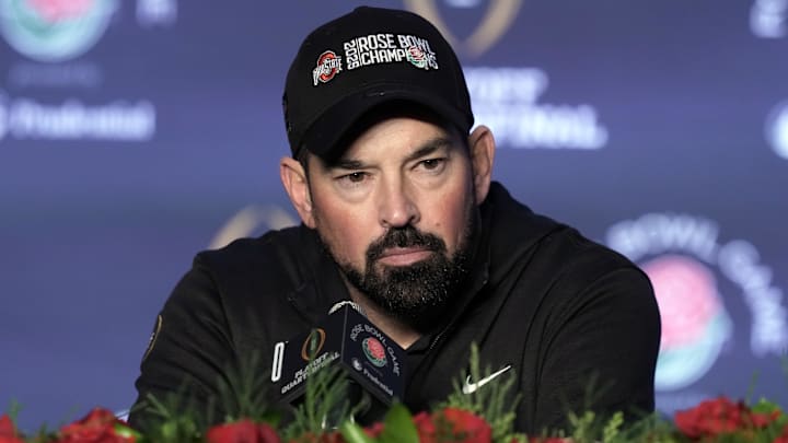 Jan 1, 2025; Pasadena, CA, USA;  Ohio State Buckeyes head coach Ryan Day speaks in a press conference after defeating the Oregon Ducks in the 2025 Rose Bowl college football quarterfinal game at Rose Bowl Stadium. Mandatory Credit: Kirby Lee-Imagn Images
