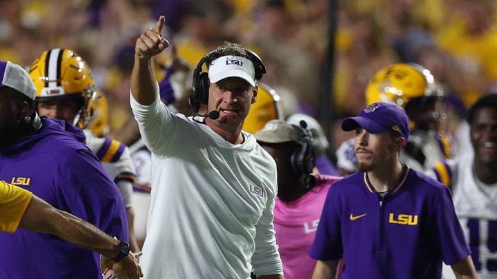 LSU Tigers head coach Lane Kiffin reacts during the second half against the Texas A&M Aggies at Tiger Stadium. LSU Tigers head coach Lane Kiffin reacts during the second half against the Texas A&M Aggies at Tiger Stadium.