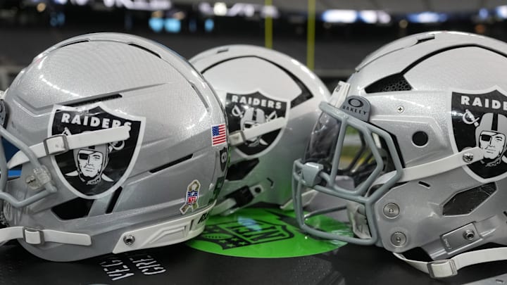 Nov 23, 2025; Paradise, Nevada, USA; Las Vegas Raiders helmets on the sidelines at Allegiant Stadium. Mandatory Credit: Kirby Lee-Imagn Images