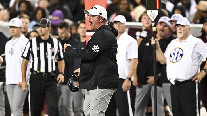 Texas A&M Aggies head coach Mike Elko reacts during the first half against the New Mexico State Aggies at Kyle Field. Texas A&M Aggies head coach Mike Elko reacts during the first half against the New Mexico State Aggies at Kyle Field.