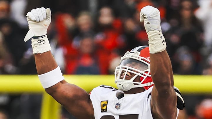 Cleveland Browns defensive end Myles Garrett celebrates following a sack against the Cincinnati Bengals.
