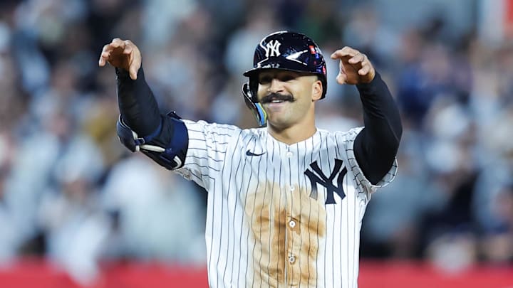 Oct 1, 2025; Bronx, New York, USA; New York Yankees center fielder Trent Grisham (12) celebrates after hitting a double during the seventh inning against the Boston Red Sox during game two of the Wildcard round for the 2025 MLB playoffs at Yankee Stadium. Mandatory Credit: Brad Penner-Imagn Images Oct 1, 2025; Bronx, New York, USA; New York Yankees center fielder Trent Grisham (12) celebrates after hitting a double during the seventh inning against the Boston Red Sox during game two of the Wildcard round for the 2025 MLB playoffs at Yankee Stadium. Mandatory Credit: Brad Penner-Imagn Images