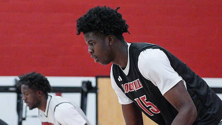 From far left to right: Louisville forward Álvaro Folgueiras, Louisville forward Flory Bidunga, Louisville center Obinna Ekezie Jr. and Louisville center Gabe Dynes during team practice on July 23, 2026 before a two-game exhibition tour in the Bahamas. From far left to right: Louisville forward Álvaro Folgueiras, Louisville forward Flory Bidunga, Louisville center Obinna Ekezie Jr. and Louisville center Gabe Dynes during team practice on July 23, 2026 before a two-game exhibition tour in the Bahamas.