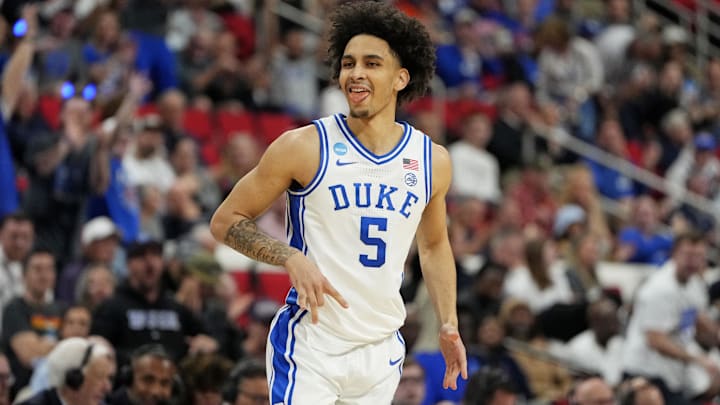 Mar 23, 2025; Raleigh, NC, USA; Duke Blue Devils guard Tyrese Proctor (5) reacts after a play during the first half against the Baylor Bears in the second round of the NCAA Tournament at Lenovo Center. Mandatory Credit: Bob Donnan-Imagn Images