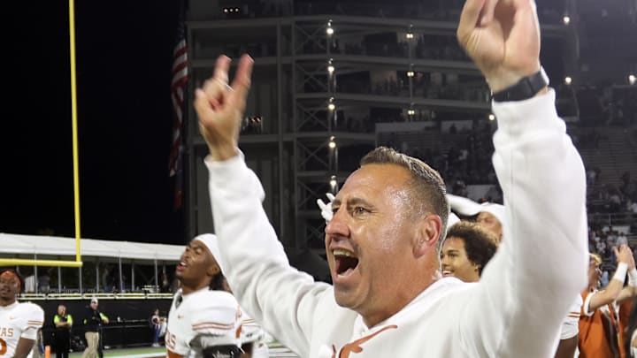 Oct 25, 2025; Starkville, Mississippi, USA; Texas Longhorns head coach Steve Sarkisian reacts after beating the Mississippi State Bulldogs in overtime at Davis Wade Stadium at Scott Field. Mandatory Credit: Petre Thomas-Imagn Images