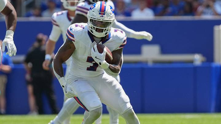 Buffalo Bills running back Ray Davis runs with the ball against the Carolina Panthers during the first half at New Highmark Stadium. Buffalo Bills running back Ray Davis runs with the ball against the Carolina Panthers during the first half at New Highmark Stadium.