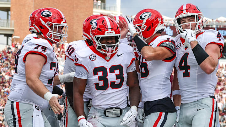 Georgia Bulldogs running back Chauncey Bowens (33) reacts after a touchdown against the Mississippi State Bulldogs during the first half at Davis Wade Stadium at Scott Field.