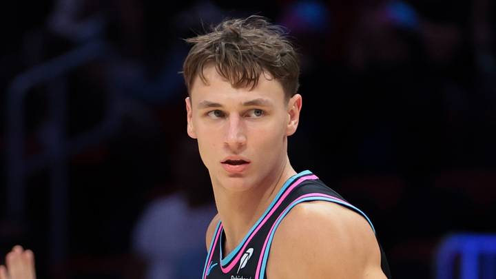 Nov 12, 2025; Miami, Florida, USA; Miami Heat guard Pelle Larsson (9) looks on after scoring against the Cleveland Cavaliers during the third quarter at Kaseya Center. Mandatory Credit: Sam Navarro-Imagn Images