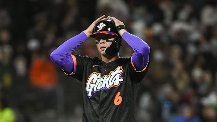 Apr 7, 2026; San Francisco, California, USA; San Francisco Giants catcher Daniel Susac (6) motions to his team mates after advancing to second base during the fifth inning of the game against the Philadelphia Phillies at Oracle Park. Mandatory Credit: Ed Szczepanski-Imagn Images