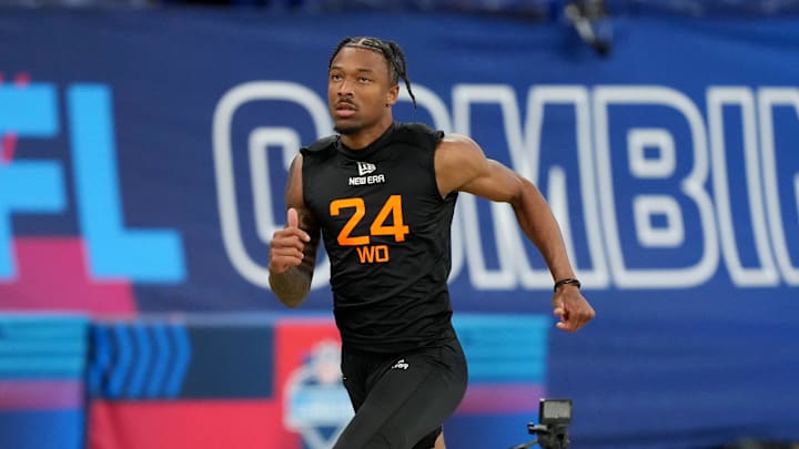 Mar 1, 2025; Indianapolis, IN, USA; Oregon wideout Tez Johnson (WO24) during the 2025 NFL Combine at Lucas Oil Stadium. 