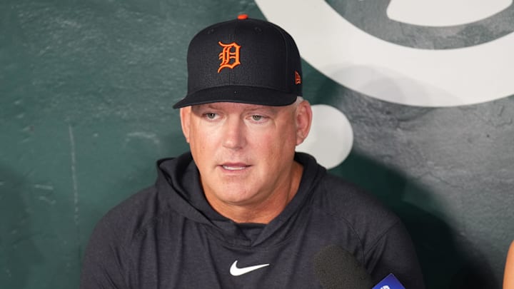 Jul 19, 2025; Arlington, Texas, USA; Detroit Tigers manager A.J. Hinch speaks to members of the media before the game against the Texas Rangers at Globe Life Field. Jul 19, 2025; Arlington, Texas, USA; Detroit Tigers manager A.J. Hinch speaks to members of the media before the game against the Texas Rangers at Globe Life Field.
