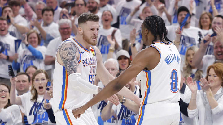 Apr 20, 2025; Oklahoma City, Oklahoma, USA; Oklahoma City Thunder center Isaiah Hartenstein (55) and forward Jalen Williams (8) celebrate against the Memphis Grizzlies during the second quarter at Paycom Center. Mandatory Credit: Alonzo Adams-Imagn Images
