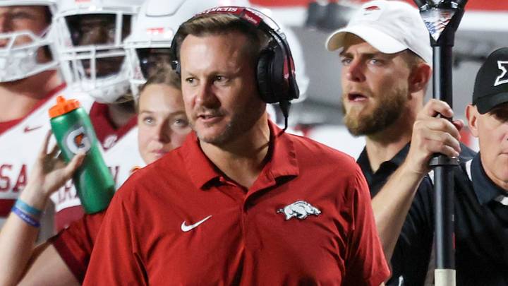 Arkansas Razorbacks head coach Ryan Silverfield watches play against the Utah Utes during the second quarter at Rice-Eccles Stadium. Arkansas Razorbacks head coach Ryan Silverfield watches play against the Utah Utes during the second quarter at Rice-Eccles Stadium.
