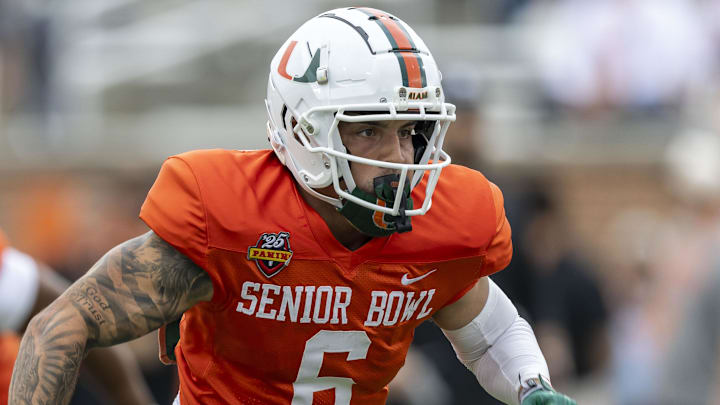 Jan 30, 2025; Mobile, AL, USA; National team wide receiver Xavier Restrepo of Miami (6) works through drills during Senior Bowl practice for the National team at Hancock Whitney Stadium. Mandatory Credit: Vasha Hunt-Imagn Images Jan 30, 2025; Mobile, AL, USA; National team wide receiver Xavier Restrepo of Miami (6) works through drills during Senior Bowl practice for the National team at Hancock Whitney Stadium. Mandatory Credit: Vasha Hunt-Imagn Images