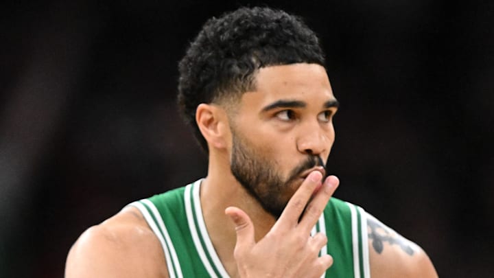 Apr 21, 2026; Boston, Massachusetts, USA; Boston Celtics forward Jayson Tatum (0) reacts after making a three-point basket against the Philadelphia 76ers in the first half of a game two of the first round of the 2026 NBA Playoffs at TD Garden. Mandatory Credit: Brian Fluharty-Imagn Images