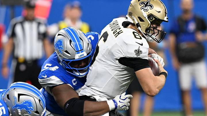 New Orleans Saints quarterback Tyler Shough (6) is sacked by Detroit Lions defensive line Alim McNeill (54) New Orleans Saints quarterback Tyler Shough (6) is sacked by Detroit Lions defensive line Alim McNeill (54)