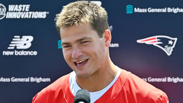 Jul 25, 2026; Foxborough, MA, USA; New England Patriots quarterback Drake Maye (10) answers questions from the media after training camp at Gillette Stadium. Mandatory Credit: Eric Canha-Imagn Images