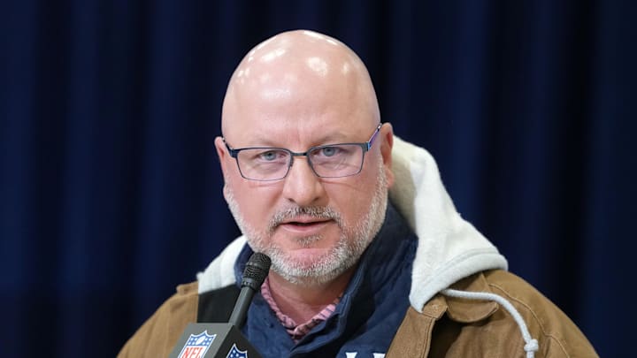 Feb 24, 2026; Indianapolis, IN, USA; Los Angeles Chargers general manager Joe Hortiz speaks at the NFL Scouting Combine at the Indiana Convention Center. Mandatory Credit: Kirby Lee-Imagn Images