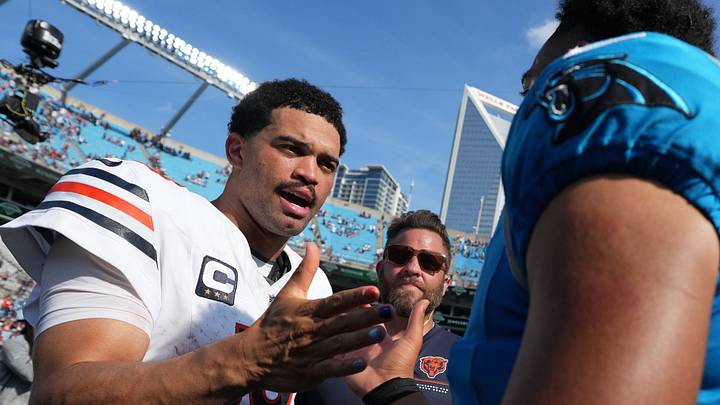 Sep 13, 2026; Charlotte, North Carolina, USA; Chicago Bears quarterback Caleb Williams (18) with Carolina Panthers quarterback Bryce Young (9) after the game at Bank of America Stadium. Mandatory Credit: Bob Donnan-Imagn Images