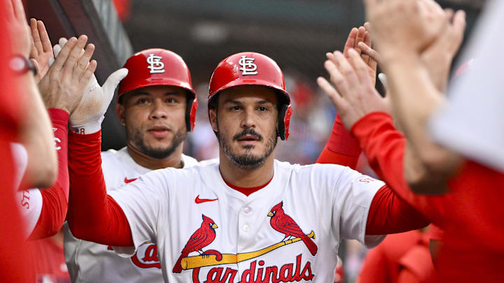 Jun 5, 2025; St. Louis, Missouri, USA;  St. Louis Cardinals third baseman Nolan Arenado (28) is congratulated by teammates after hitting a two run home run against the Kansas City Royals during the third inning at Busch Stadium. Mandatory Credit: Jeff Curry-Imagn Images