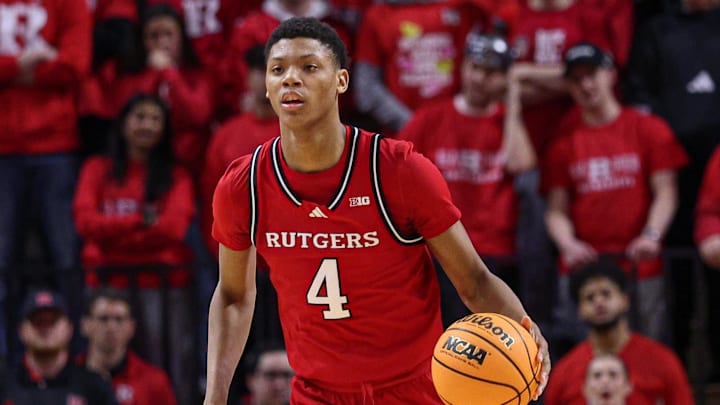 Jan 9, 2025; Piscataway, New Jersey, USA; Rutgers Scarlet Knights guard Ace Bailey (4) dribbles up court during the second half against the Purdue Boilermakers at Jersey Mike's Arena. Mandatory Credit: Vincent Carchietta-Imagn Images