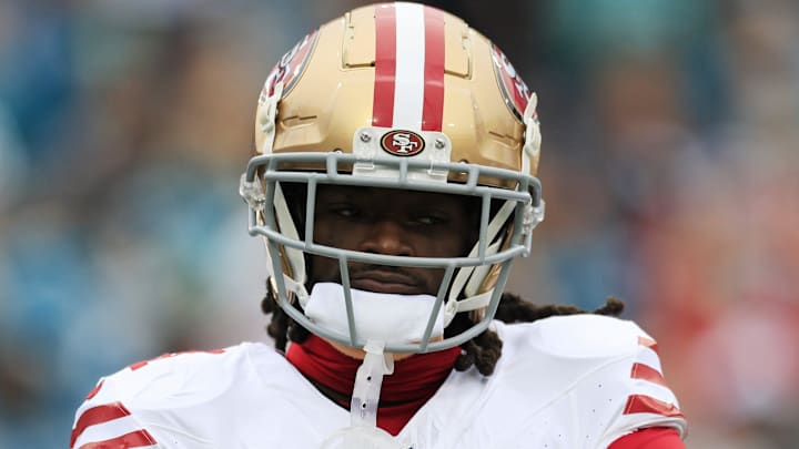 San Francisco 49ers wide receiver Brandon Aiyuk (11) reacts to his touchdown score during the first quarter of an NFL football game Sunday, Nov. 12, 2023 at EverBank Stadium in Jacksonville, Fla. The San Francisco 49ers defeated the Jacksonville Jaguars 34-3. [Corey Perrine/Florida Times-Union]