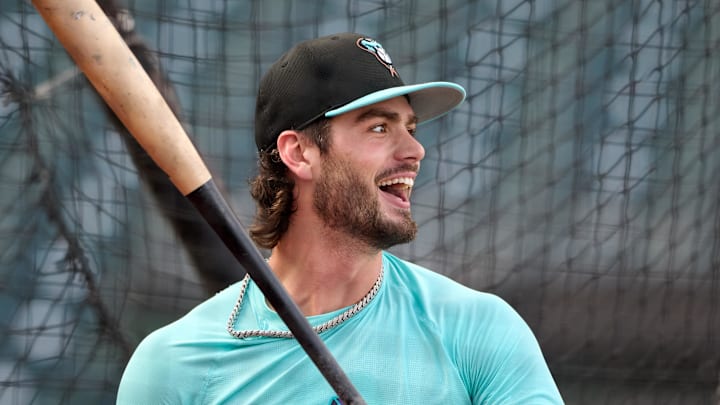 Sep 9, 2025; San Francisco, California, USA; Arizona Diamondbacks infielder Blaze Alexander (9) reacts during batting practice before the game against the San Francisco Giants at Oracle Park. Mandatory Credit: Robert Edwards-Imagn Images