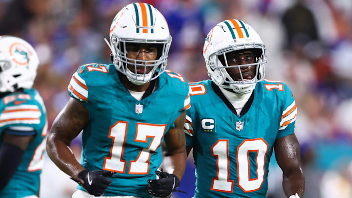Miami Dolphins WRs Jaylen Waddle (17) and Tyreek Hill (10)