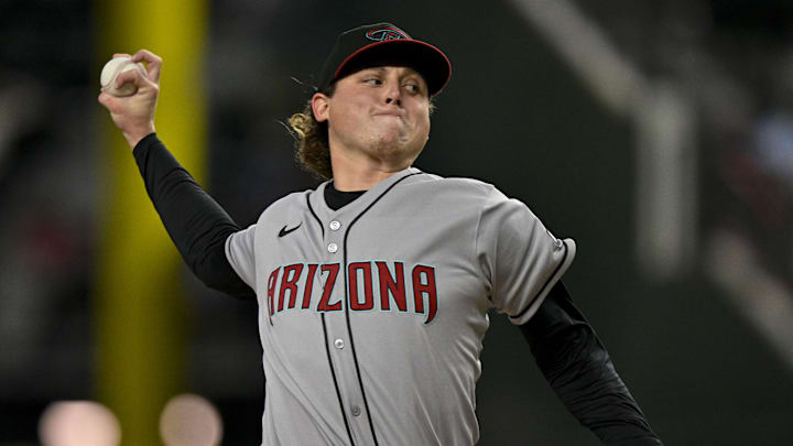 Aug 11, 2025; Arlington, Texas, USA; Arizona Diamondbacks relief pitcher Andrew Hoffmann (56) pitches during the game between the Texas Rangers and the Arizona Diamondbacks at Globe Life Field. Mandatory Credit: Jerome Miron-Imagn Images