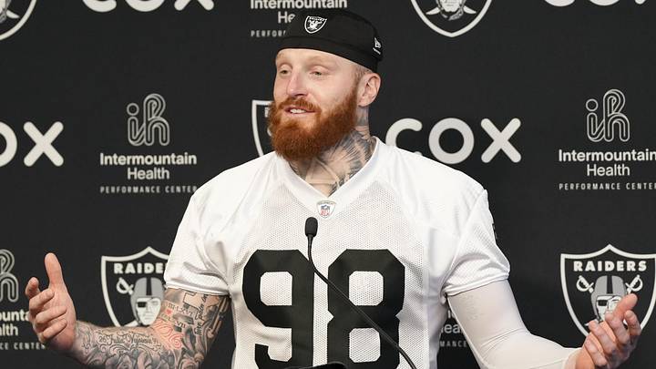 Jun 3, 2026; Henderson, NV, USA; Las Vegas Raiders defensive end Maxx Crosby (98) speaks during a news conference during organized team activities at Intermountain Health Performance Center. Mandatory Credit: Candice Ward-Imagn Images