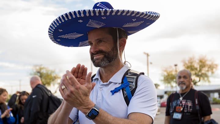 Manny Diaz, head football coach of Duke football, wears a sombrero upon arrival at the Marriott El Paso on Friday, Dec. 26, 2025, ahead of the Tony the Tiger Sun Bowl.