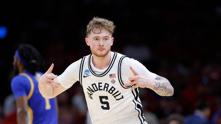 Vanderbilt Commodores forward Tyler Nickel (5) celebrates after making a 3-pointer during a first-round game in the NCAA men's basketball tournament between McNeese and Vanderbilt at Paycom Center in Oklahoma City, Thursday, March 19, 2026.
