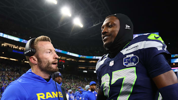 Rams head coach Sean McVay shakes hands with Seattle Seahawks cornerback Riq Woolen
