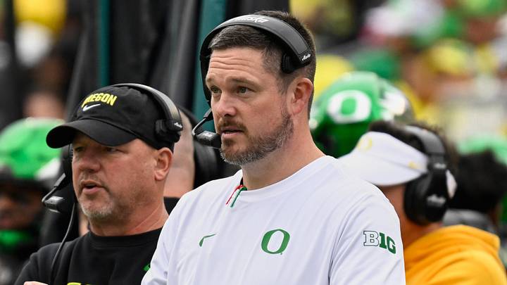Oct 11, 2025; Eugene, Oregon, USA; Oregon Ducks head coach Dan Lanning instructs his team from the sideline against the Indiana Hoosiers during the third quarter at Autzen Stadium. Mandatory Credit: Troy Wayrynen-Imagn Images